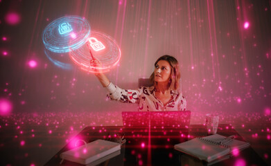 Woman interacting with holographic security locks in digital environment