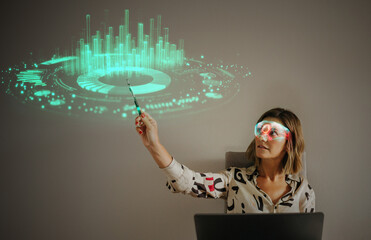 Woman using smart glasses to analyze data visualization in workspace
