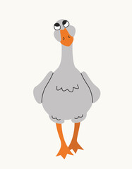Goose walks in romantic mood. Cute bird in linear flat style.