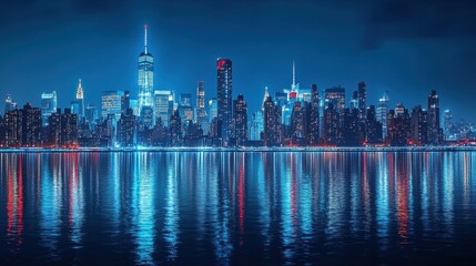 City skyline at night reflecting in the water with illuminated buildings