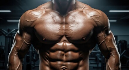 Fototapeta premium Close up of a muscular african american man's upper body. Strong physique for fitness and bodybuilding concept. Hard work and dedication at the gym.