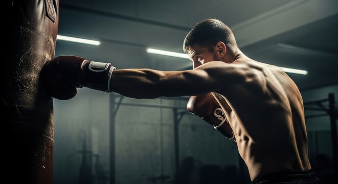 Man boxer training with punching bag. Powerful strike with boxing glove. Strong athletic body during workout for fighting and sport fitness. - Powered by Adobe