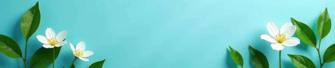 Obraz premium White flowers, vibrant green leaves, serene blue background Calming, minimalist composition , white, elegant, blue