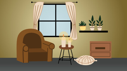 A flat-style illustration depicting a cozy living room interior with an armchair, a window with curtains, a side table with candles and some plants