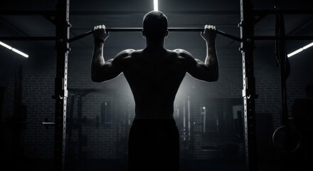 Man doing pull up exercise in dark gym. Silhouette of muscular athlete training on horizontal bar. Strength and body workout.