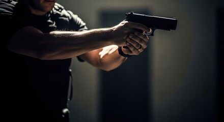 Man holding handgun aiming weapon. Self defense concept. Firearm training for protection and security. Gun safety and professional use.