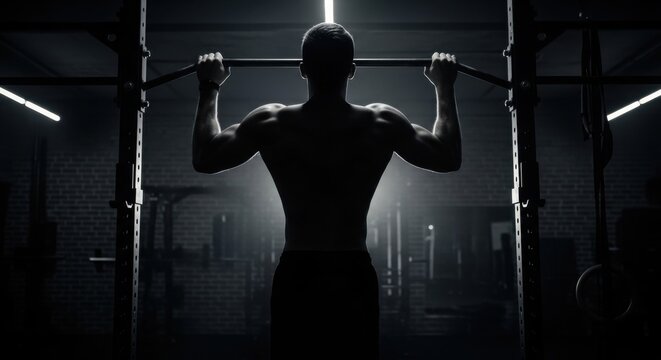 Man doing pull up exercise in dark gym. Silhouette of muscular athlete training on horizontal bar. Strength and body workout.