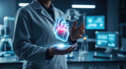 Woman doctor holding virtual 3D heart model. Medical professional in lab coat using holographic technology for healthcare innovation.