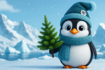 A cute penguin in a hat and scarf holds a Christmas tree against an icy background. Christmas and New Year concept.