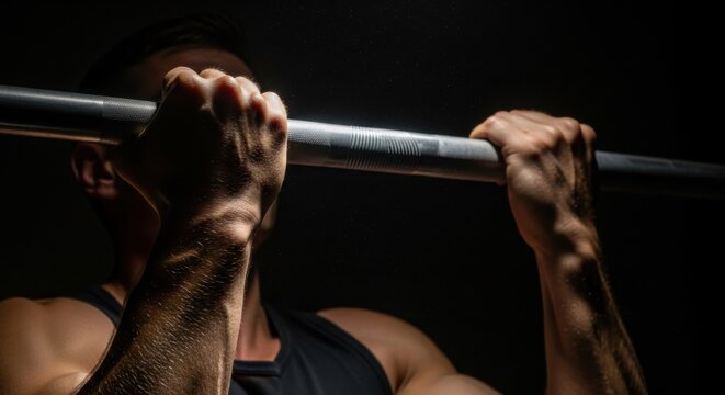 Man doing pull up exercise. Athlete with strong grip on pull up bar. Strength training, fitness and sport activity. - Powered by Adobe