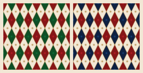 Vector Set of Christmas Argyle Seamless Patterns with Snowflakes. Geometric Diamond Holiday Backgrounds