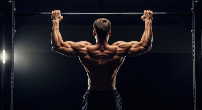 Man exercising pull up. Athlete performing chin ups. Sporty male training upper body strength in fitness gym. Power and workout concept.