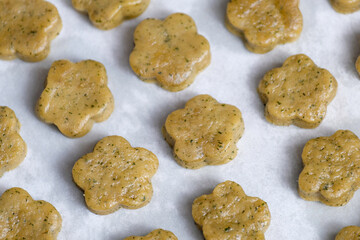 Close-up of molded mint cookies before baking