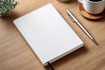 A Blank Notebook and Pen on a Wooden Desk with Coffee and Plant Nearby, Ready for Creative Work