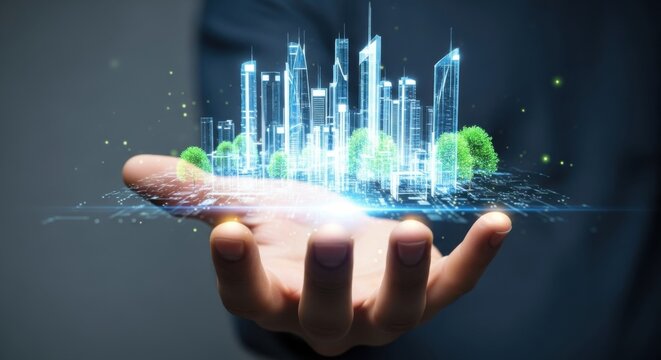 Man presenting smart city hologram on hand. Futuristic urban development concept. Innovative technology for building digital infrastructure. - Powered by Adobe