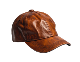 A brown leather baseball cap, showcasing texture and stitching details