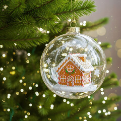 Festive christmas ornament with gingerbread house design on Christmas tree branch