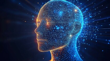 Obraz premium Abstract grid head with glowing nodes, representing AI/technology