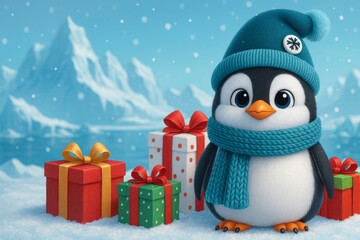 A cute penguin wearing a hat and scarf, surrounded by Christmas presents in a snowy wonderland among ice floes. Christmas and New Year concept.