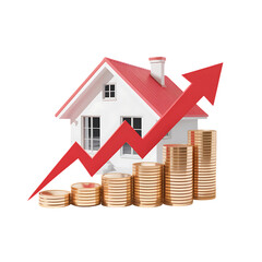 White house red roof rising arrow gold coins real estate