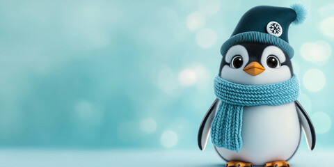 Adorable penguin in winter outfit with scarf and beanie on blue background