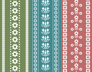 scandi flower blooms leaves floral botanical stripes seamless pattern in pale muted green blue teal red, vector illustration repeat print