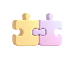 Two interlocking 3D puzzle pieces, pastel yellow and pink, against a black background