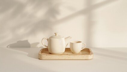 A white tea set with a teapot and a cup is on a tray