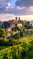Picturesque hilltop village at sunset