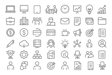 Fototapeta premium Business and Office Line Icons Set.Minimal linear icon set of business and office concepts. Includes laptop, teamwork, handshake, calendar