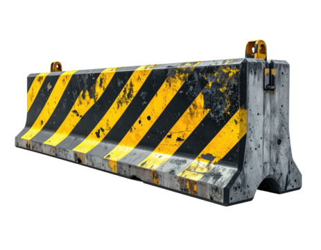 Concrete barrier, worn and weathered, with yellow and black diagonal stripes