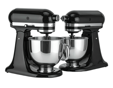 Two shiny black stand mixers with stainless steel bowls, facing each other