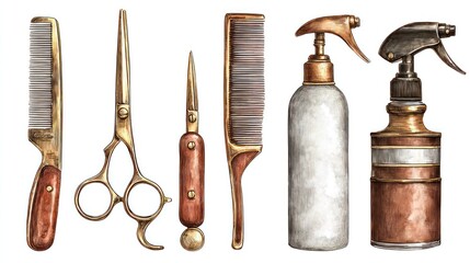 Watercolor illustration of vintage hair salon tools