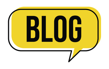 A bright yellow speech bubble with the word blog in bold black letters
