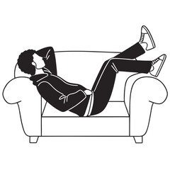 Person relaxing on sofa black and white vector male