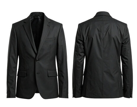 Front and back views of a black single-breasted blazer, against a plain background