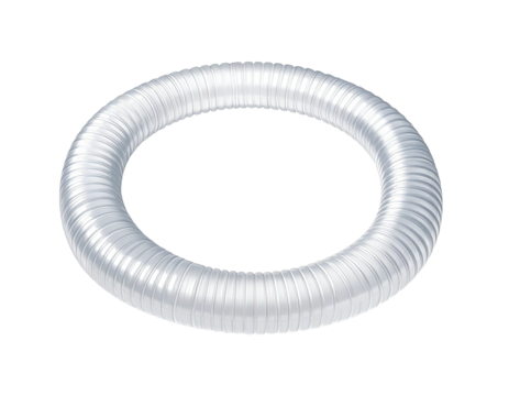 Transparent, flexible tube, coiled into a ring, with accordion-like ribbed construction