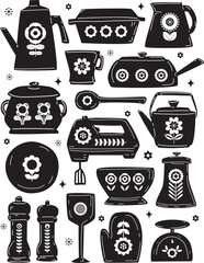 retro kitchen utelsils items  with florals in black and white vector illustration poster