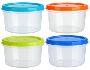 Four colorful food containers with transparent bodies and matching colored lids