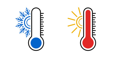 Abstract thermometer measure indicator set vector design with snowflake and sun symbol. Creative weather meteorology icon, summer, winter season illustration. 