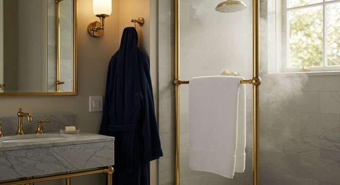 Elegant bathroom with steam shower, marble vanity, and plush robe for a luxurious spa experience at home, promising relaxation and rejuvenation