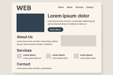 Obraz premium Minimal web page layout template — modern website wireframe design with sections for about, services, contact and call to action