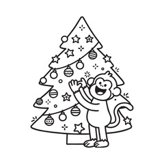 Joyful Monkey Decorating Christmas Tree with Ornaments and Stars Line Art Design.