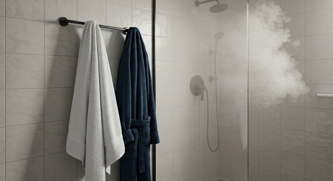 Relaxing steam fills modern shower with fresh towel and robe ready for use after bathing, offering a comforting and luxurious spa experience at home