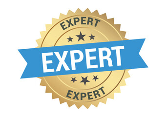 Gold expert badge with blue ribbon and star details displayed