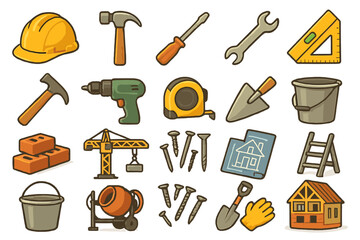 Vector icon set of essential construction tools in a simple modern style. Includes hammer, wrench, screwdriver, drill