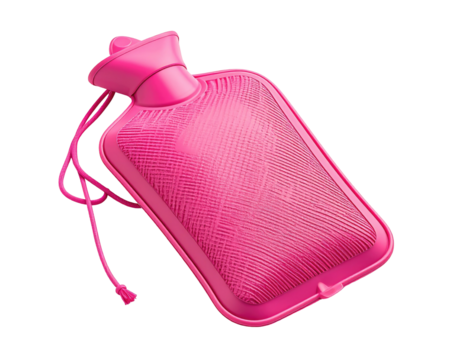 Vivid pink rubber hot water bottle with a twisted cap and attached tie