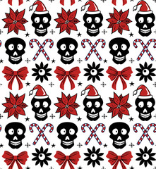 fun whimsy christmas skulls and poinsettias in black red white seamless pattern, vector illustration repeat design