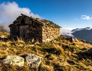 Mountain hut nestled in alpine meadow, sunny day