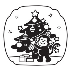 Joyful Monkey Decorating Christmas Tree with Ornaments and Stars Line Art Design.